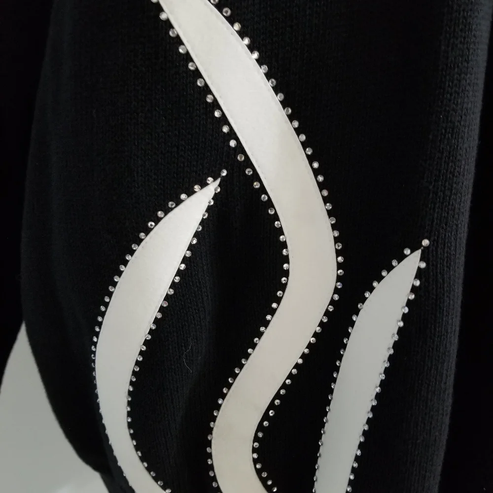 White Suede Rhinestone Trim Black Sweater - Picture 3 of 9